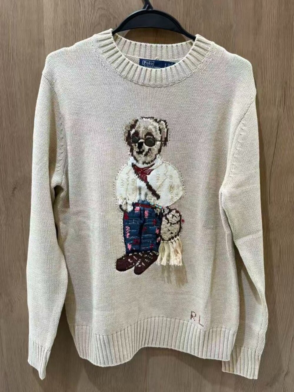 Polo Ralph Lauren Cowboy Polo‑Bear Oatmeal Crewneck Knit Sweater